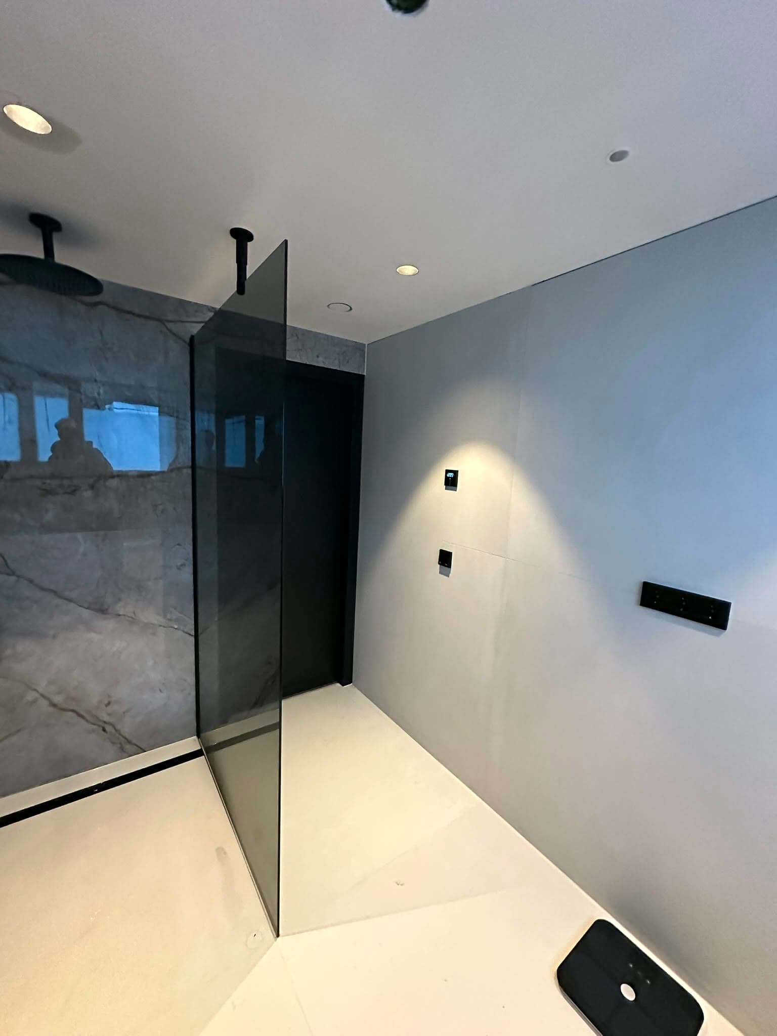 Ruime douche met donkere glazen wand en plafondkranen