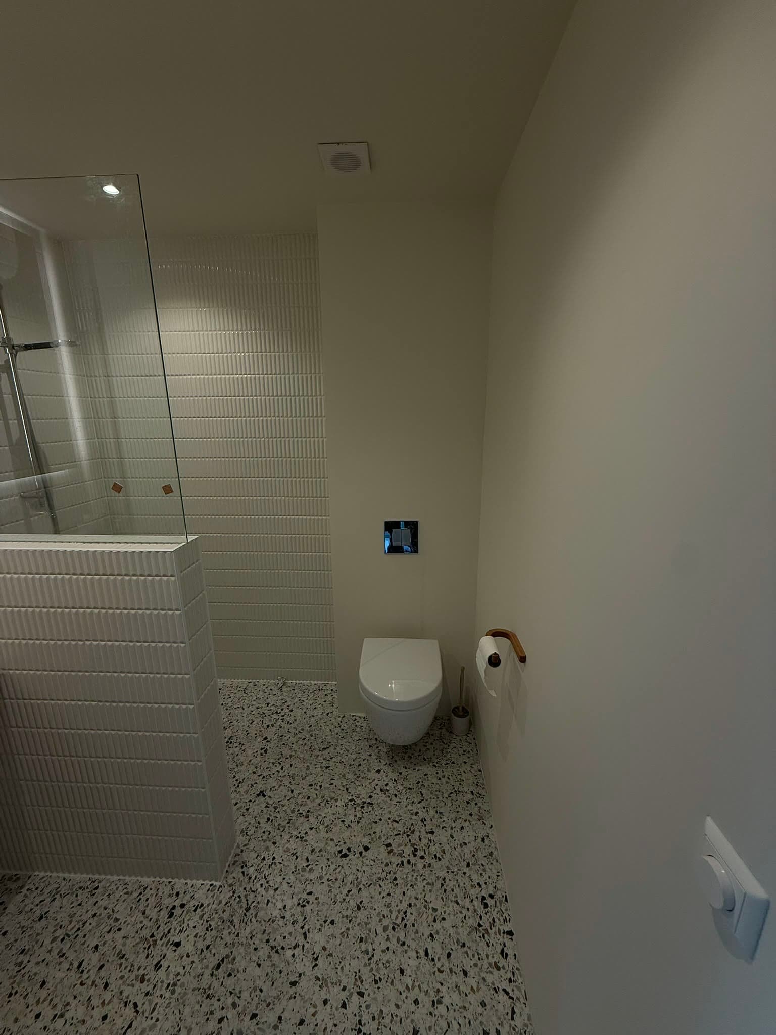 Nieuw wandtoilet naast de glazen douchewand